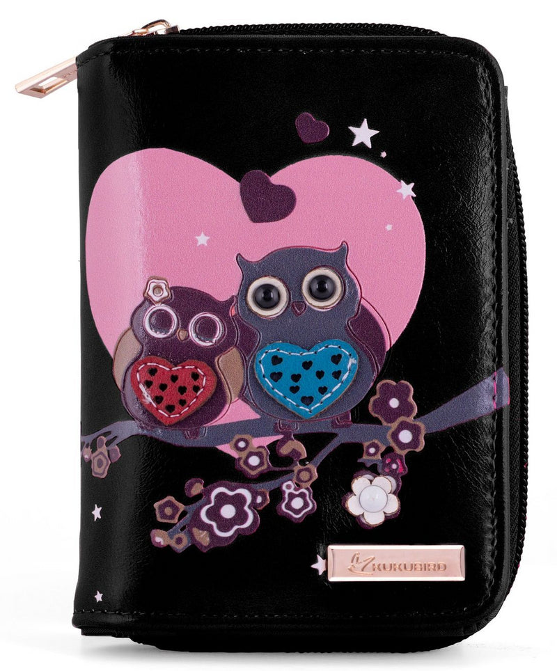 Kukubird Medium Purse 2 owl's love - Black - Kukubird_UK